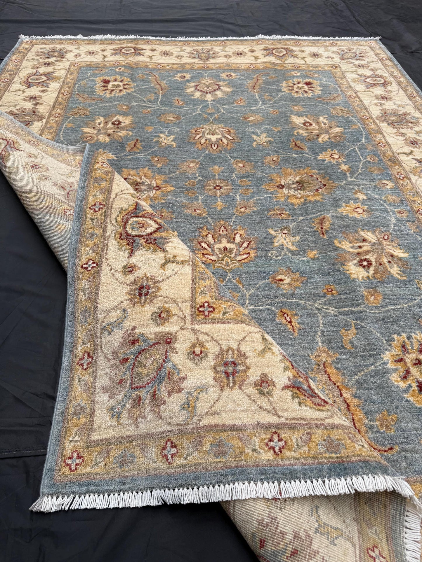 Handmade Ziegler Chobi Rug - Traditional Afghan Wool Carpet 5x7,Elegant Ziegler Chobi Rug - Handmade Traditional Blue Wool Carpet.