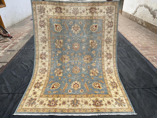 Handmade Ziegler Chobi Rug - Traditional Afghan Wool Carpet 5x7,Elegant Ziegler Chobi Rug - Handmade Traditional Blue Wool Carpet.