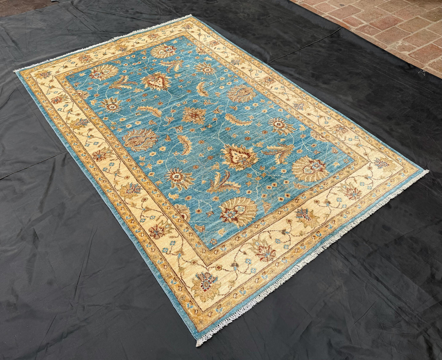 4x5 Chobi Handmade Blue and Beige Floral Rug - Traditional Wool Carpet,Handcrafted Oriental Rug,Floral Area Rug,4x5 rug for living room