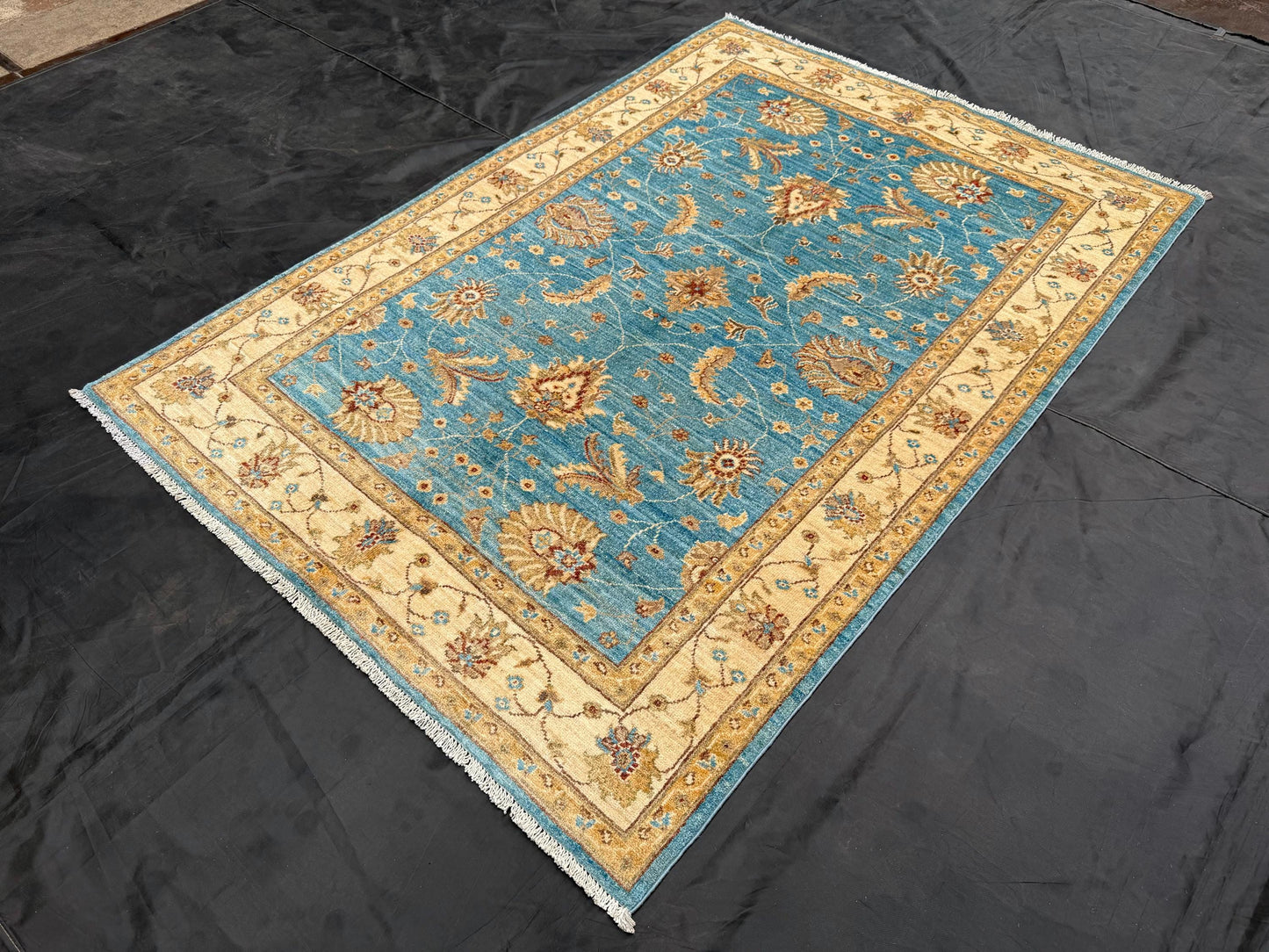 4x5 Chobi Handmade Blue and Beige Floral Rug - Traditional Wool Carpet,Handcrafted Oriental Rug,Floral Area Rug,4x5 rug for living room