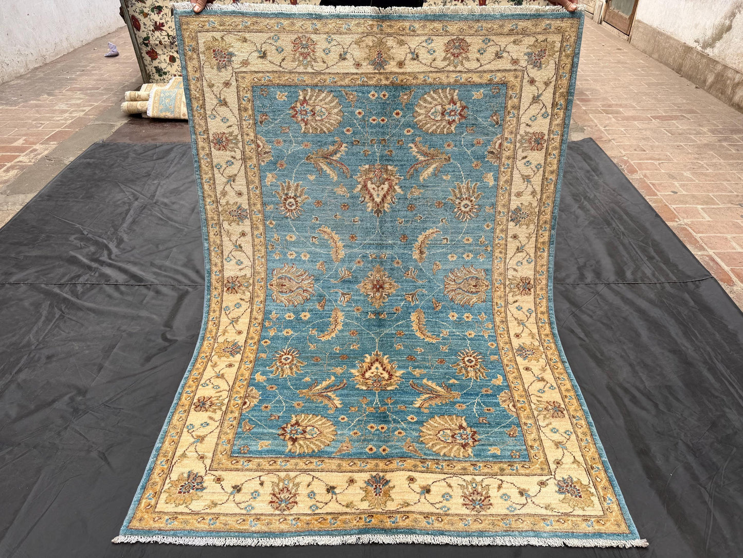 4x5 Chobi Handmade Blue and Beige Floral Rug - Traditional Wool Carpet,Handcrafted Oriental Rug,Floral Area Rug,4x5 rug for living room