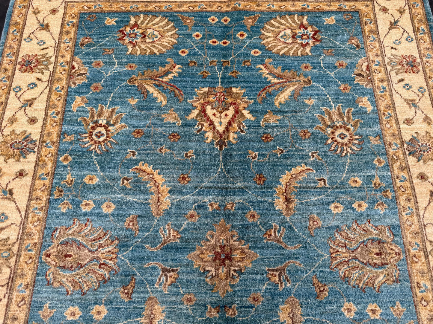 4x5 Chobi Handmade Blue and Beige Floral Rug - Traditional Wool Carpet,Handcrafted Oriental Rug,Floral Area Rug,4x5 rug for living room