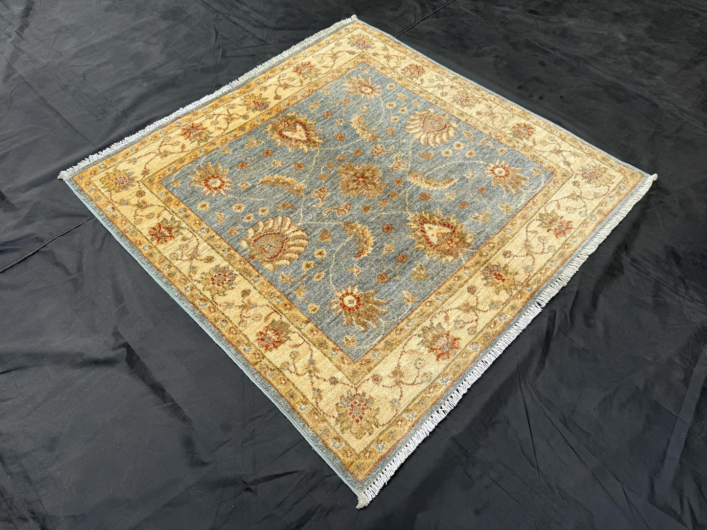 Handmade Square Wool Rug - Blue and Beige Floral Pattern,Classic Blue and Ivory Design,Square Handwoven Oriental Rug,Elegant Floral Design.