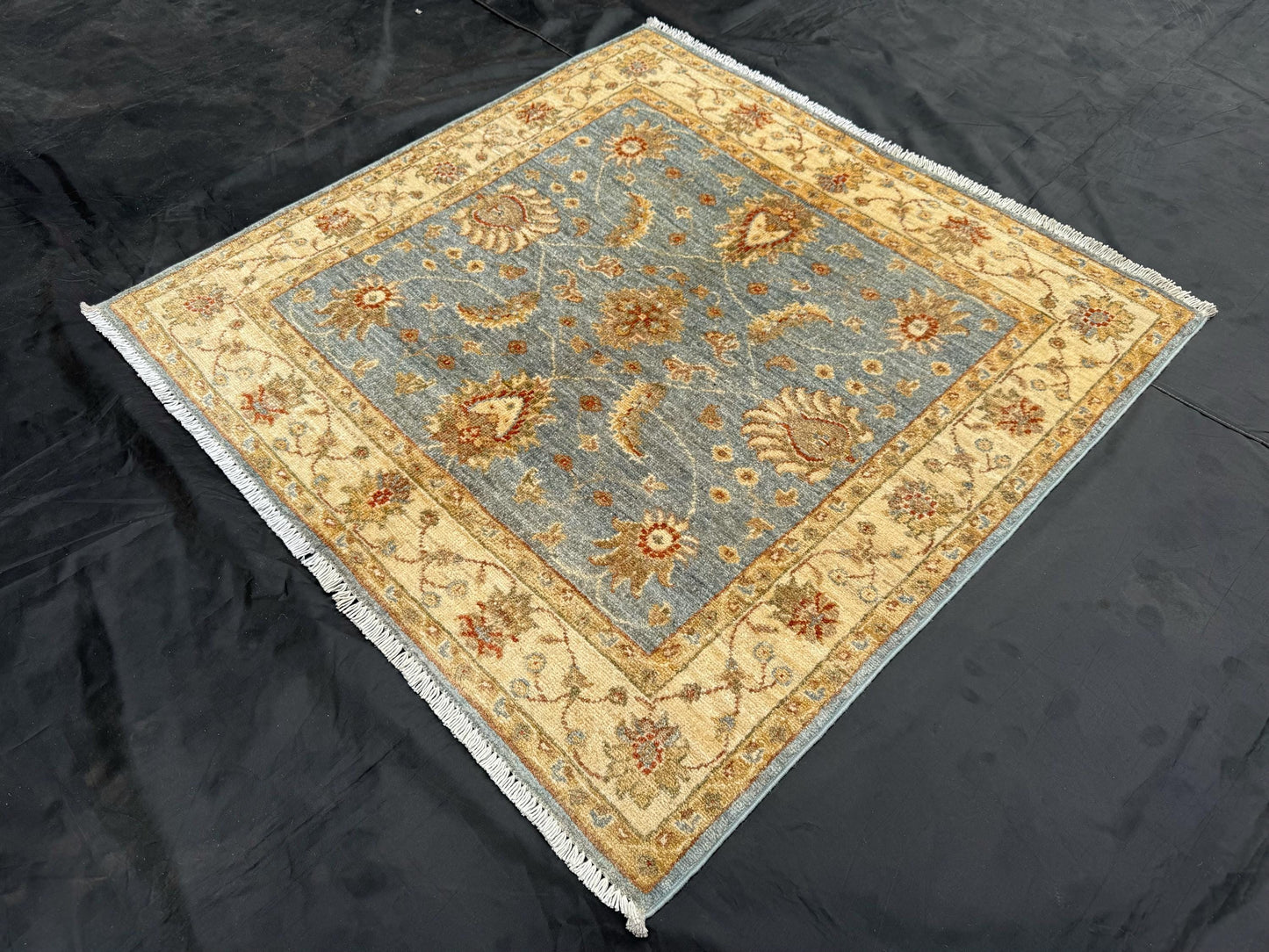 Handmade Square Wool Rug - Blue and Beige Floral Pattern,Classic Blue and Ivory Design,Square Handwoven Oriental Rug,Elegant Floral Design.