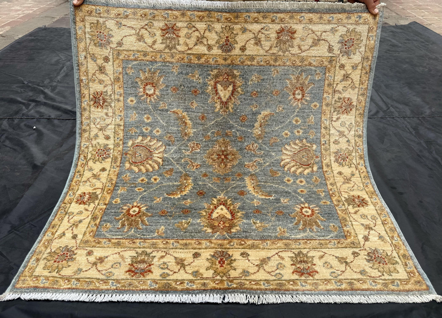 Handmade Square Wool Rug - Blue and Beige Floral Pattern,Classic Blue and Ivory Design,Square Handwoven Oriental Rug,Elegant Floral Design.