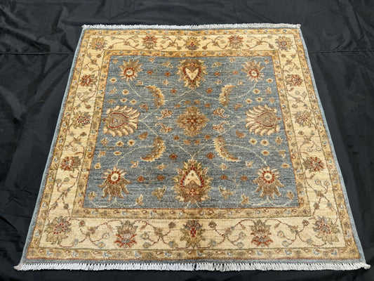 Handmade Square Wool Rug - Blue and Beige Floral Pattern,Classic Blue and Ivory Design,Square Handwoven Oriental Rug,Elegant Floral Design.