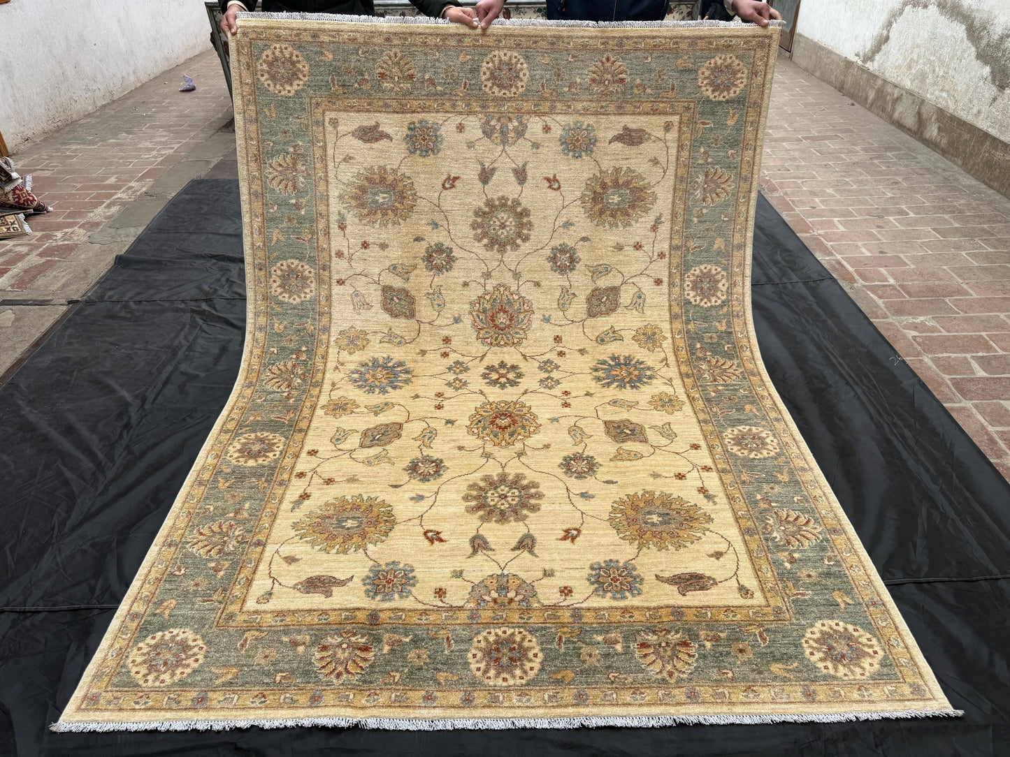 6x8 Handmade Chobi Rug-Beige and Green Wool Carpet with Floral Design,Traditional 6x8 Handwoven Chobi Rug,Large Beige and Green Chobi Rug