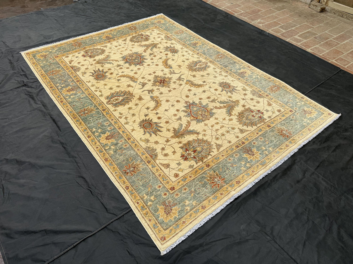 Large 6x8 Chobi Rug,Beige and Green 6x8 Chobi Rug ,Beige and Green Floral Wool Carpet,6x8 living room rug,bedroom rug,6x8 rug for bedroom.