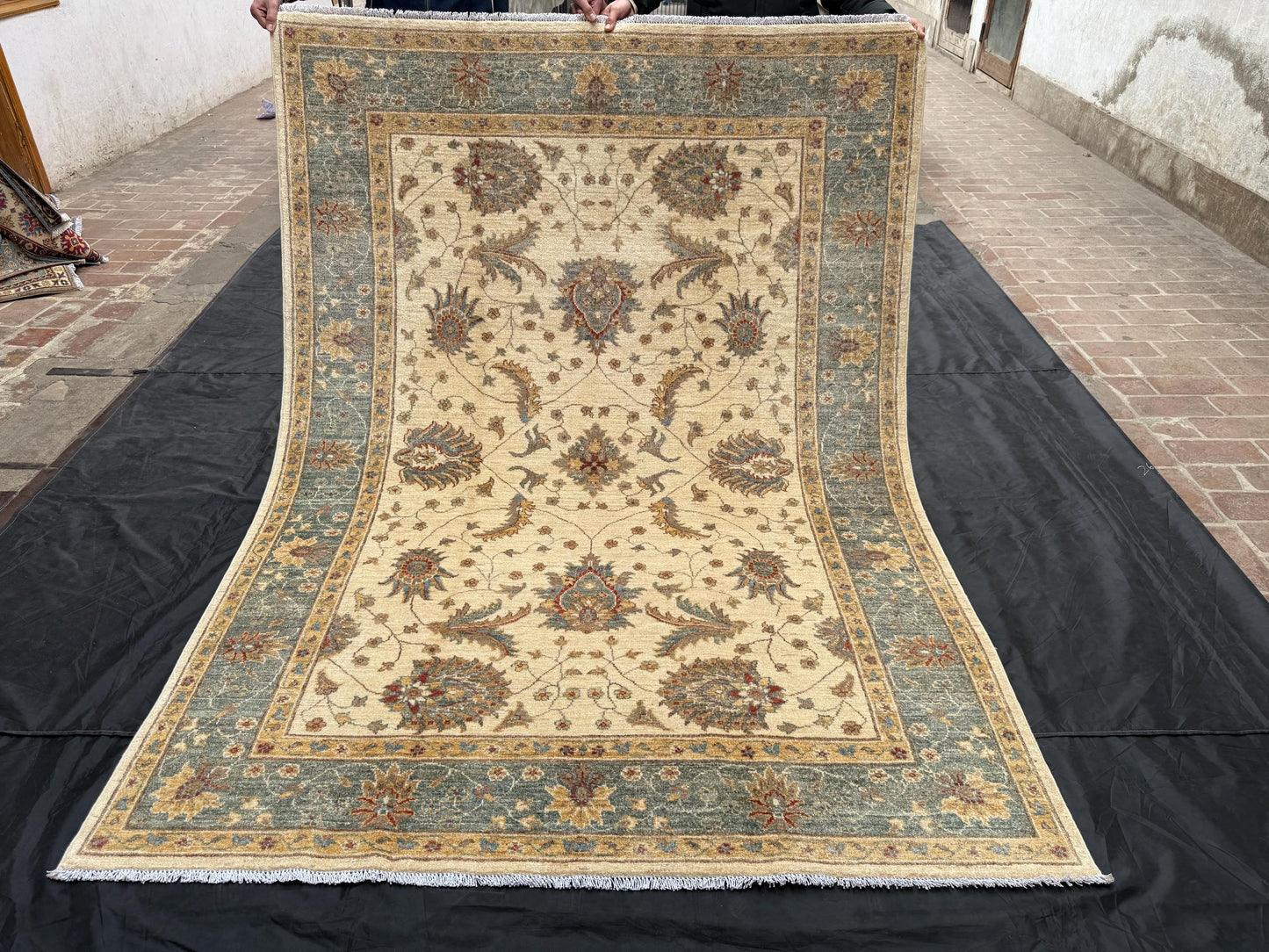 Large 6x8 Chobi Rug,Beige and Green 6x8 Chobi Rug ,Beige and Green Floral Wool Carpet,6x8 living room rug,bedroom rug,6x8 rug for bedroom.