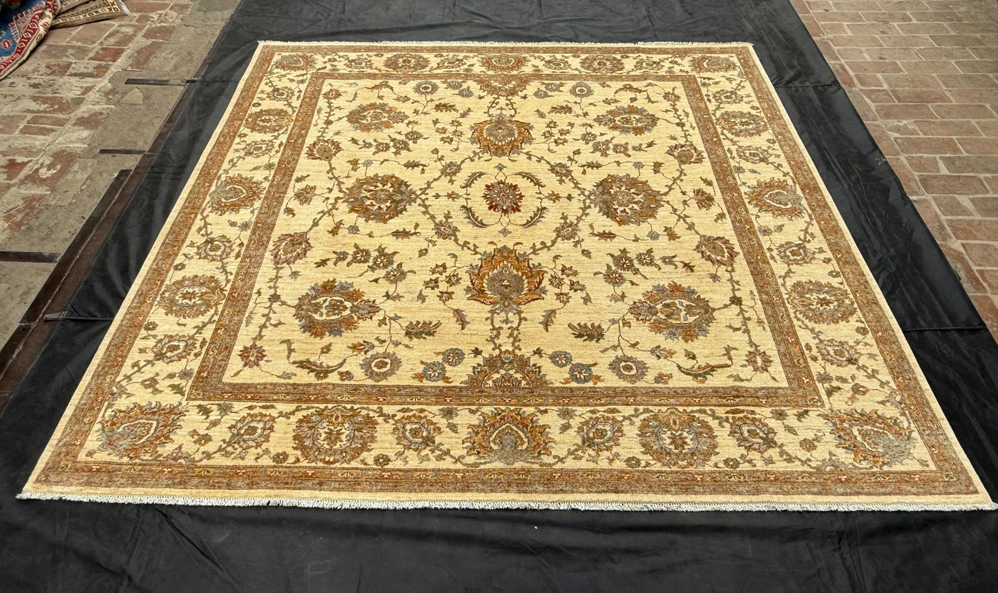 Traditional Hand-Knotted Square Beige Oriental Rug,Large Square Area rug,Neutral Beige and Brown Floral Area Rug,Classic Oriental Beige Rug