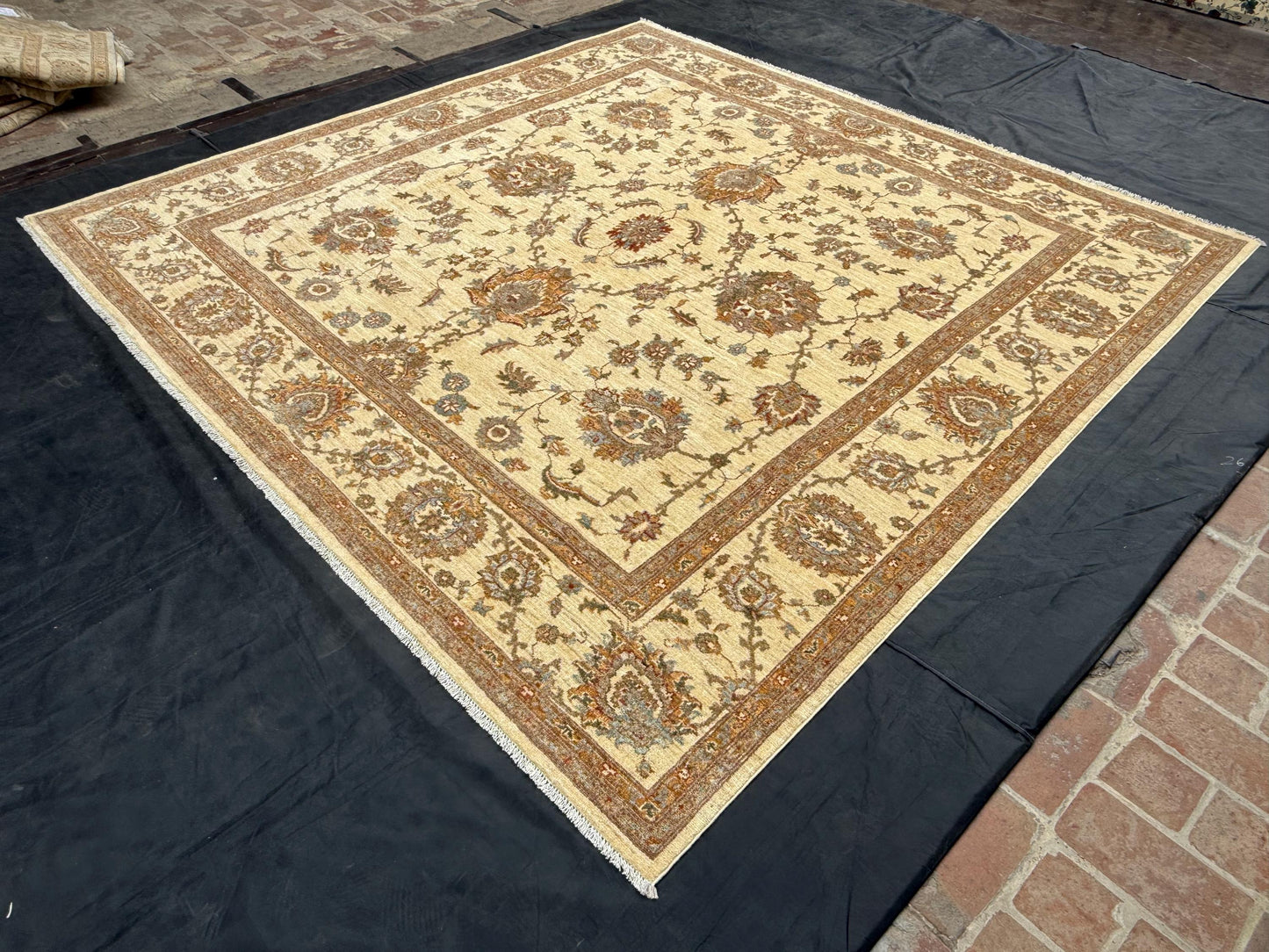 Traditional Hand-Knotted Square Beige Oriental Rug,Large Square Area rug,Neutral Beige and Brown Floral Area Rug,Classic Oriental Beige Rug