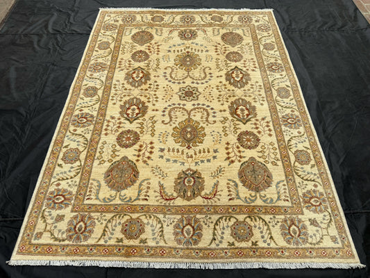 Handmade Ivory Floral Rug,Hand-Knotted Beige Rug,5x7 Beige Chobi living room rug,Traditional Wool Carpet for Living Room,5x7 rug for bedroom