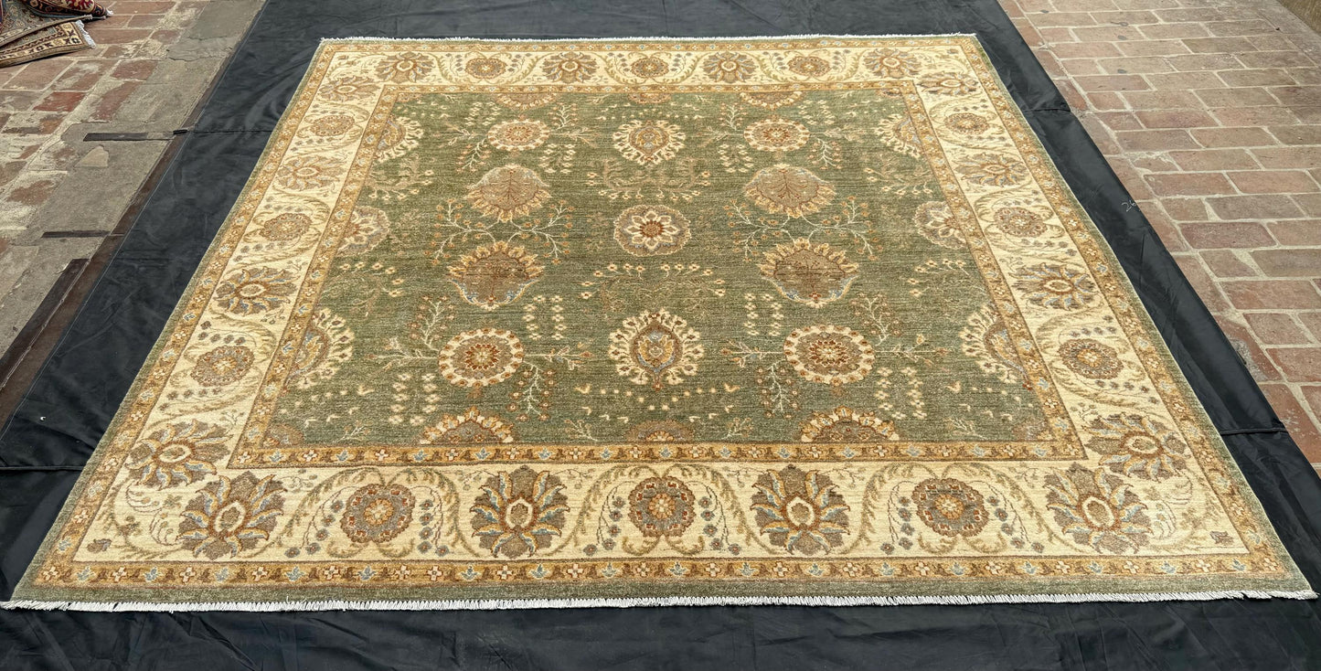 Luxury Hand-Knotted Square Wool Rug with Classic Patterns - Green & Cream Accent,Traditional Oriental Green Rug,Handmade Bohemian Area Rug