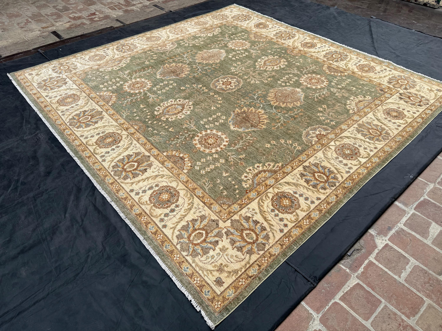 Luxury Hand-Knotted Square Wool Rug with Classic Patterns - Green & Cream Accent,Traditional Oriental Green Rug,Handmade Bohemian Area Rug