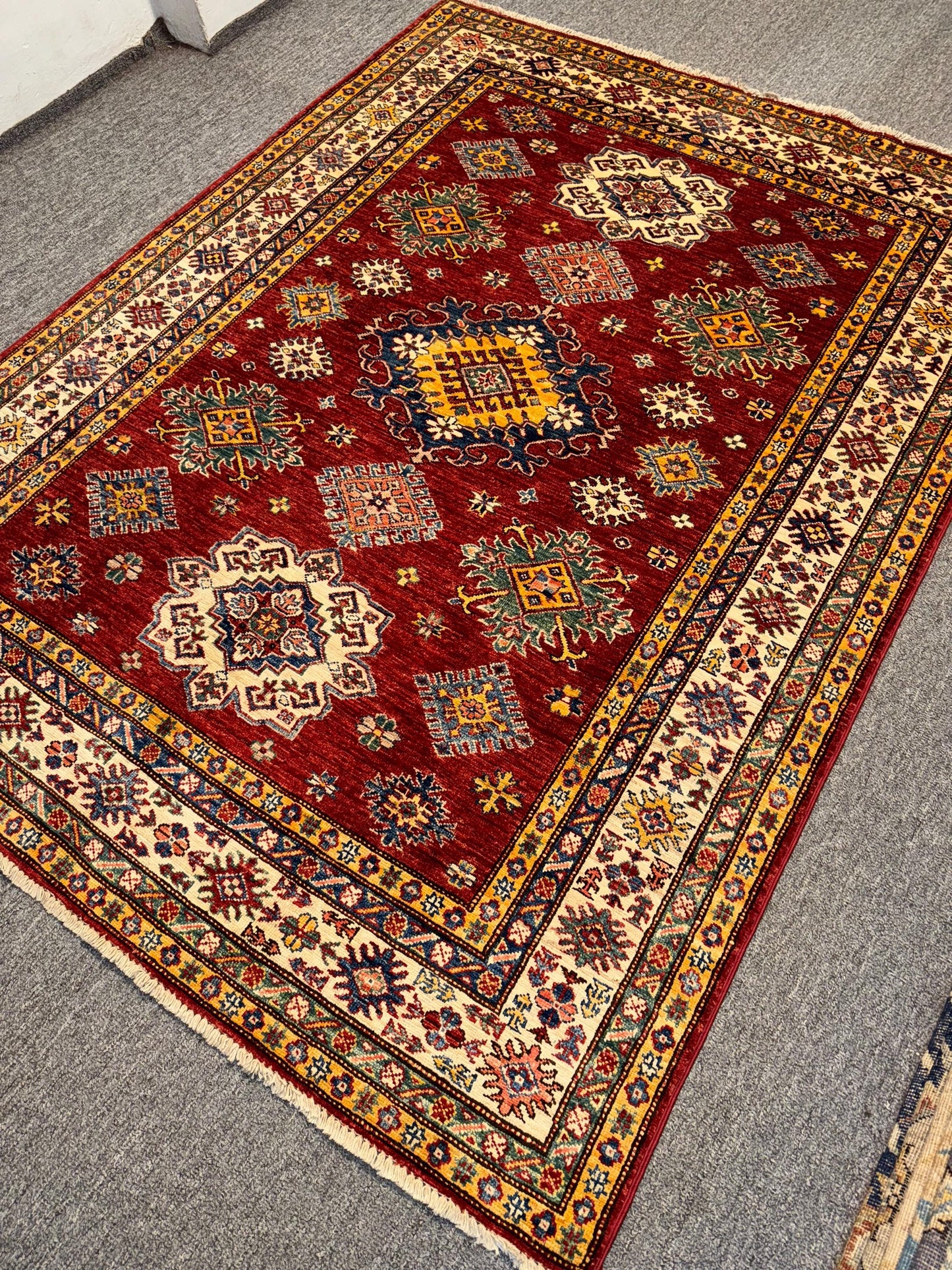 4x7 Handwoven Turkish-Kazakh Rug,Authentic Red Oriental Carpet,Turkman Tribal Design,One of a kind Rug,Rug for living room,Rug for Bedroom.