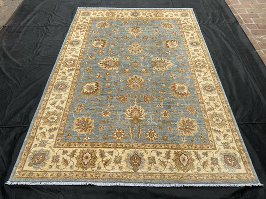 Handmade Blue Wool Rug - Elegant Floral Area Carpet,Vintage Blue and Beige Wool Rug - Handmade Oriental Carpet for Living Room