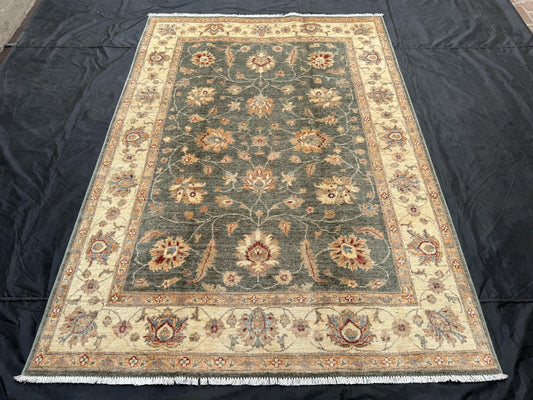 5x6 Oriental Hand-Knotted Rug,Handmade Wool Rug - 5x6 Area Rug with Elegant Floral Design,Vintage 5x6 Green Wool Rug-Floral Handmade Carpet.