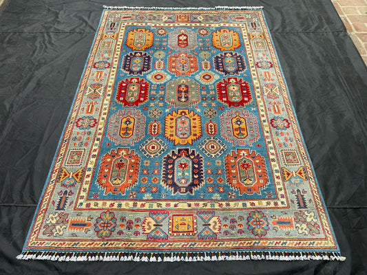 4x6 Handmade Colorful Turkish Kazakh Area Rug - Blue, Red, and Orange Tribal Carpet,Blue,Red,Orange Oriental Rug,Boho Chic Handmade Rug.