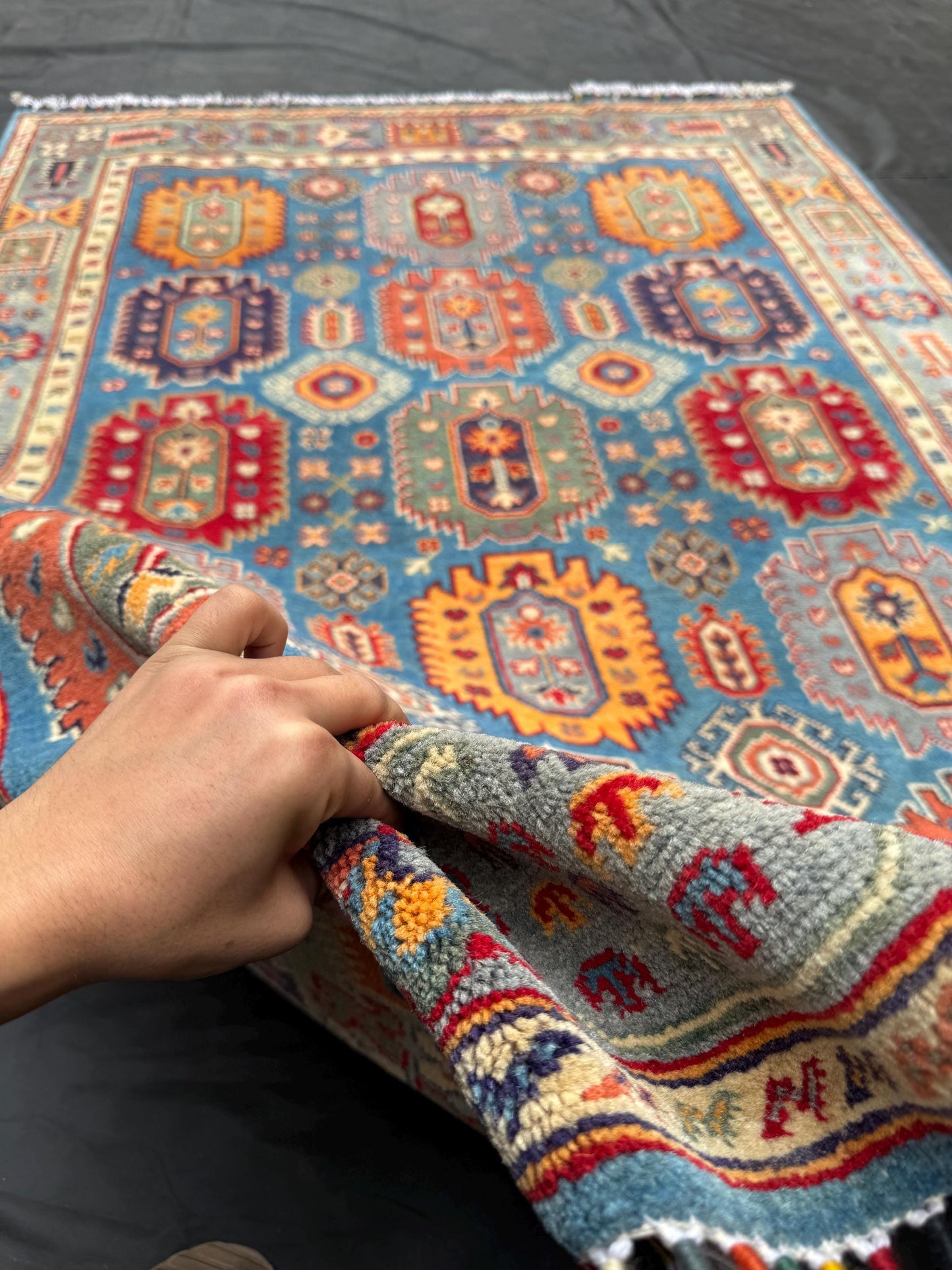 4x6 Handmade Colorful Turkish Kazakh Area Rug - Blue, Red, and Orange Tribal Carpet,Blue,Red,Orange Oriental Rug,Boho Chic Handmade Rug.