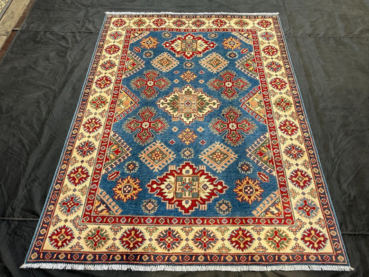 Handmade Blue Kazak Rug–Authentic Vintage Turkish rug for Living Room,Traditional Hand-Knotted Wool Rug–Blue&Red Geometric Kazak Pattern