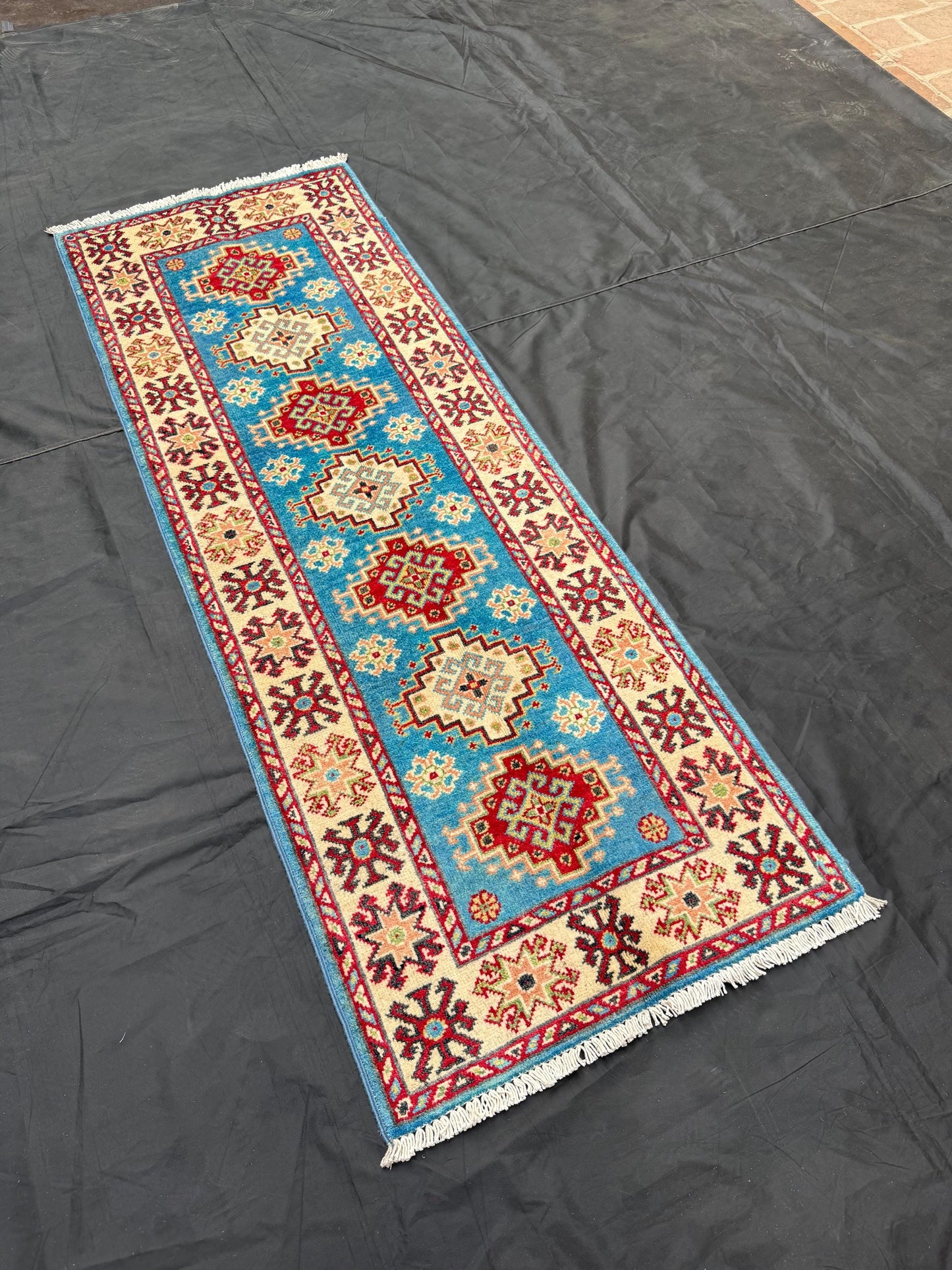 Blue & Red Turkish Runner Rug,Authentic Turkish-Kazakh Runner Rug,Runner for hallway,Blue Small runner rug,Oriental runner rug.