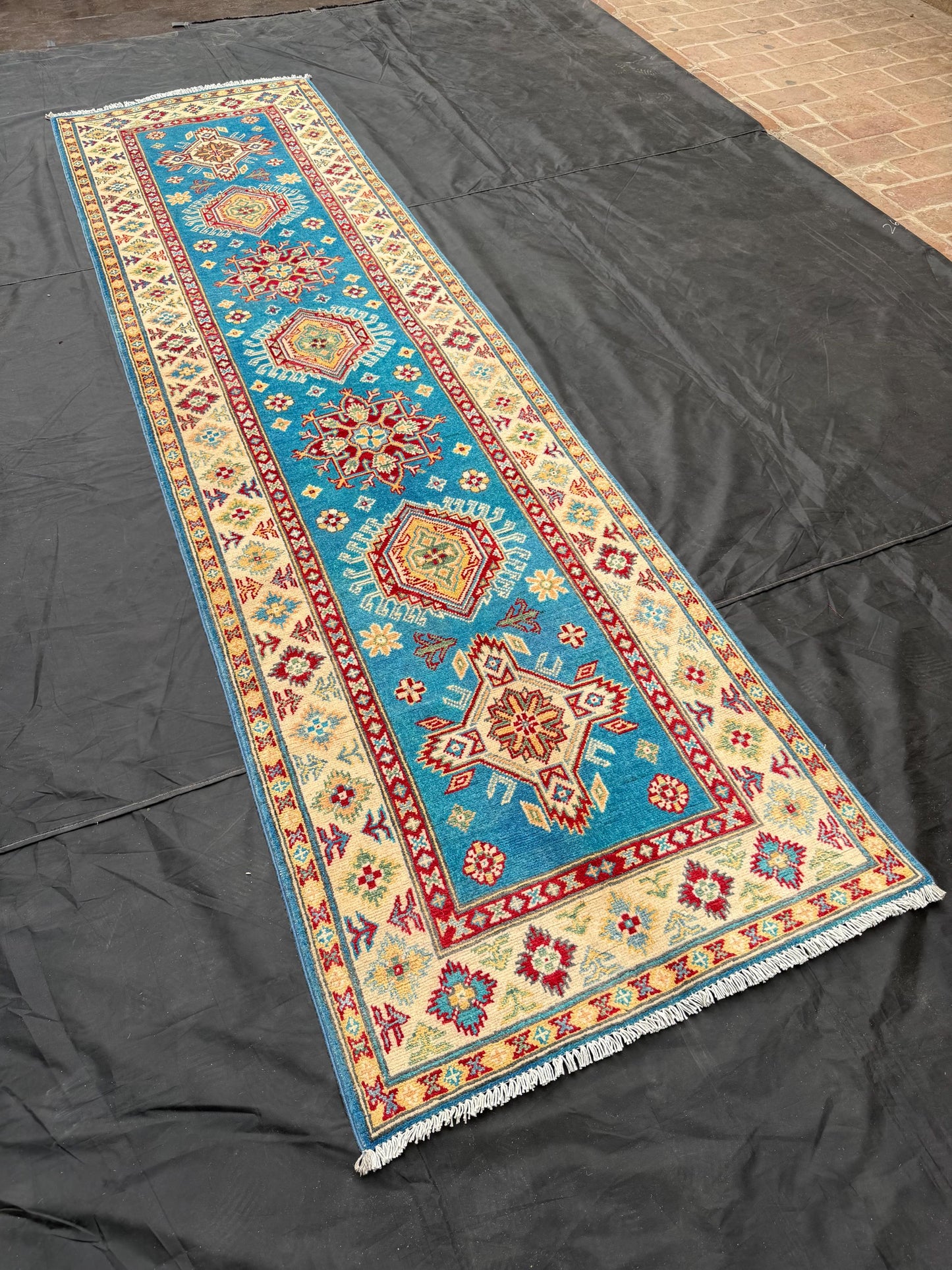 Handmade Blue Turkish-Kazakh Runner Rug,Hand-Knotted Rug for Hallways and Entryways,Boho Handmade Runner Rug – Blue and Red Turkish Wool rug