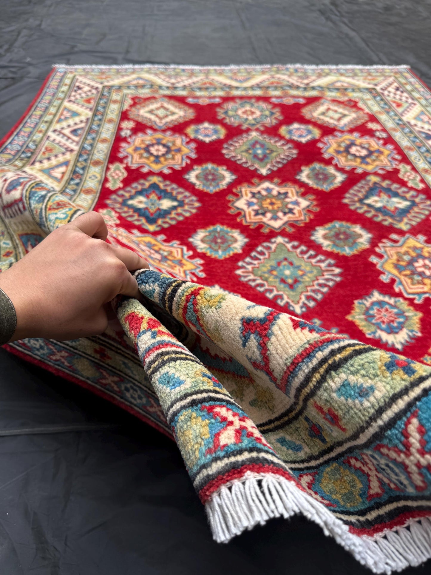 Red and Beige Handmade Rug,Handmade Turkish Oriental Rug,Kazakh Design living room rug,Bedroom rug,5x7 rug for living room,Afghan Rug