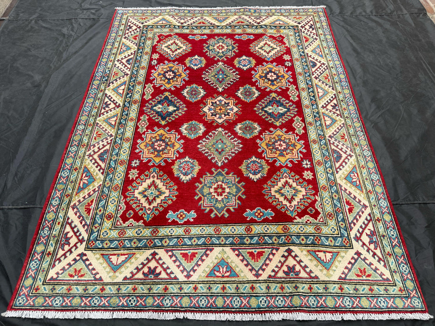 Red and Beige Handmade Rug,Handmade Turkish Oriental Rug,Kazakh Design living room rug,Bedroom rug,5x7 rug for living room,Afghan Rug