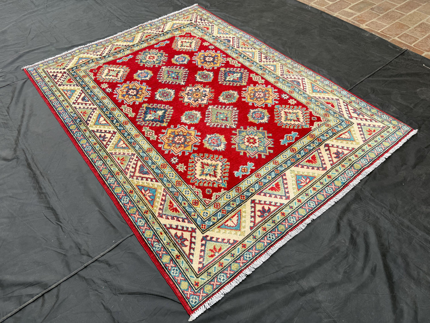 Red and Beige Handmade Rug,Handmade Turkish Oriental Rug,Kazakh Design living room rug,Bedroom rug,5x7 rug for living room,Afghan Rug