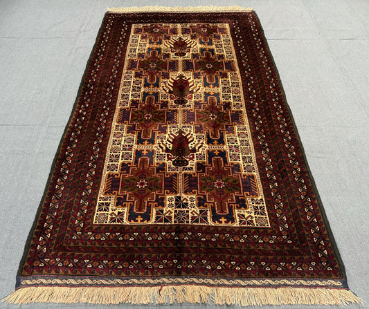 Traditional Baluch Wool Rug – Beige and Burgundy Handwoven Carpet,Bohemian Handmade Baluch Rug – Wool Carpet with Fringe and Ethnic Design.