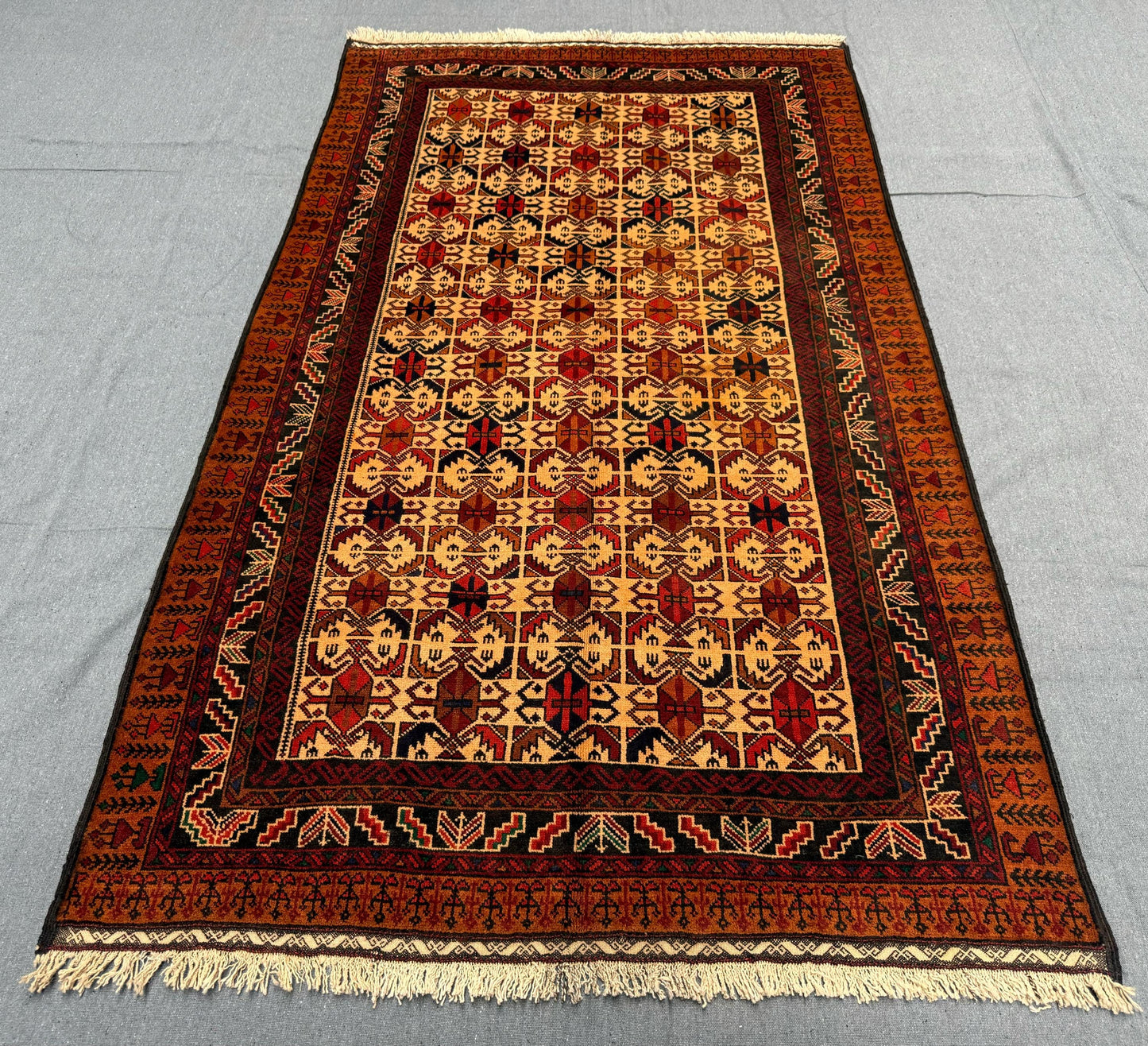 Handmade Turkish Rug-Beige and Red Geometric Wool Carpet with Tribal Patterns,Traditional Turkish Wool Rug-Area Rug with Unique Tribal Motif