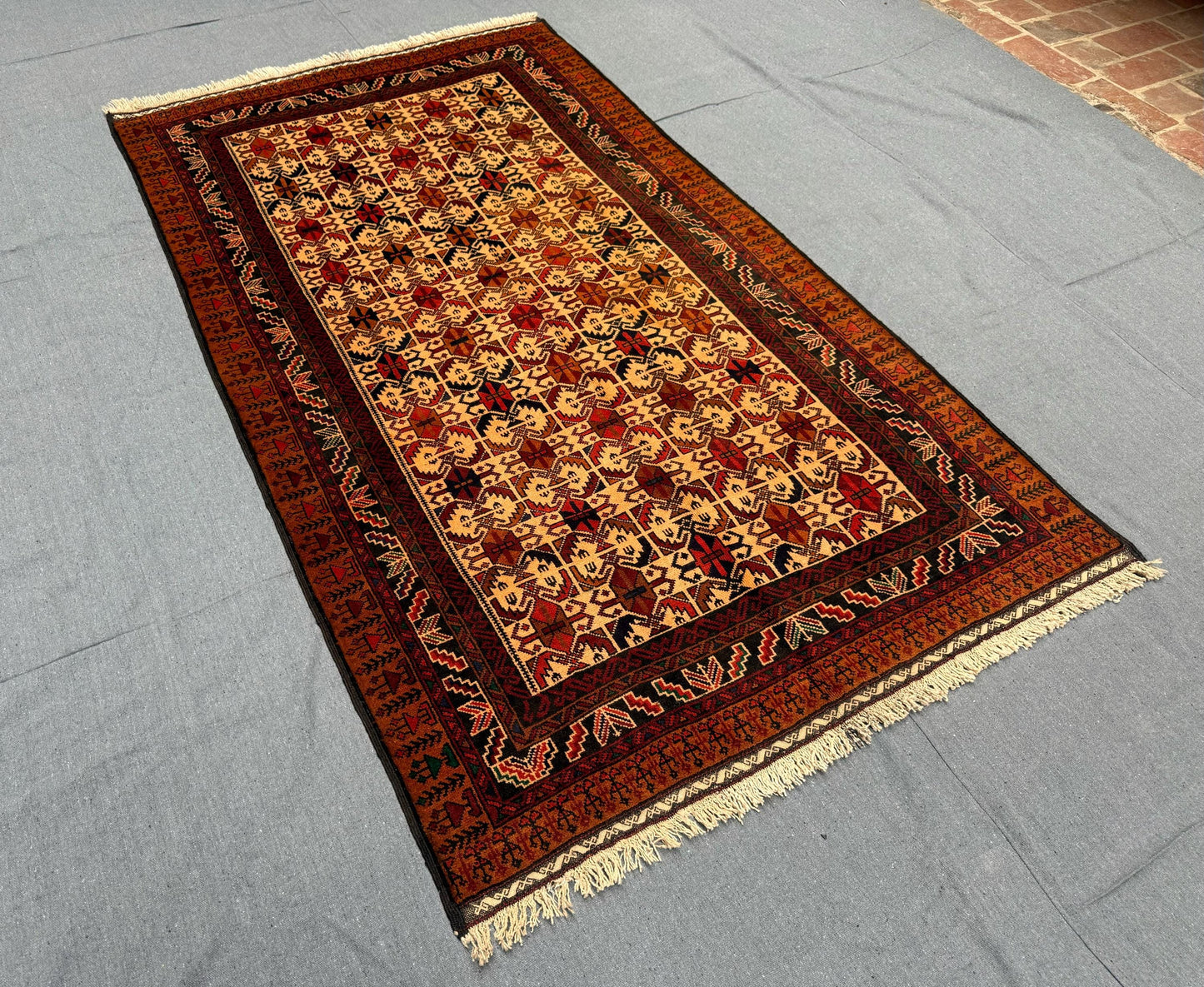 Handmade Turkish Rug-Beige and Red Geometric Wool Carpet with Tribal Patterns,Traditional Turkish Wool Rug-Area Rug with Unique Tribal Motif