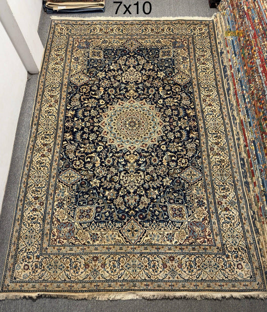 7x10 Persian Nain Rug-Handmade Wool Rug with Elegant Blue Medallion Design,Authentic Persian Nain Rug,Luxury Persian Oriental Rug