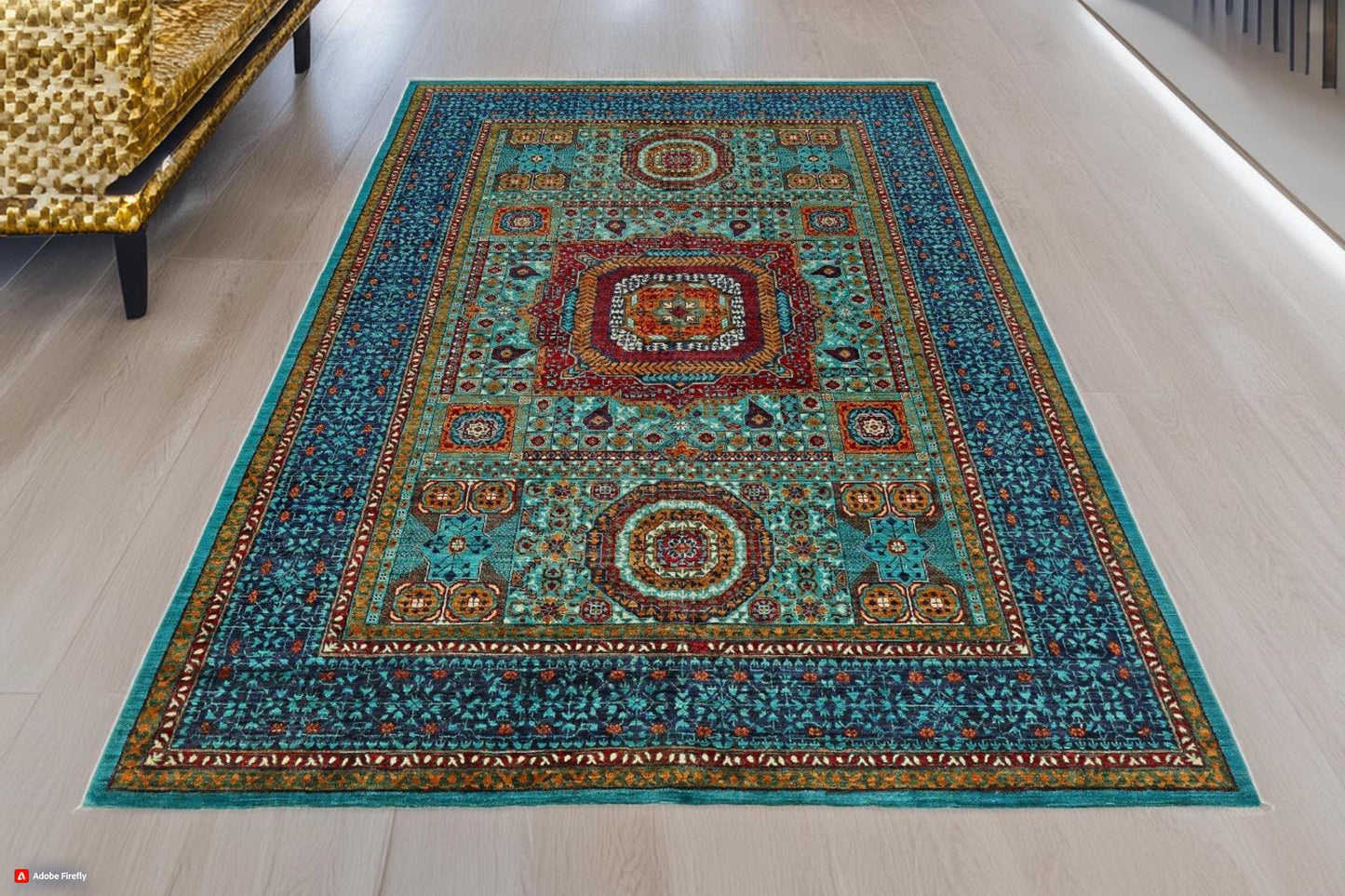 7x10 Blue Turquoise Mamluk Rug,7x10 Blue Turquoise Wool Carpet for Modern and Bohemian Decor,Large Mamluk Handmade Rug,Luxury Area Rug.