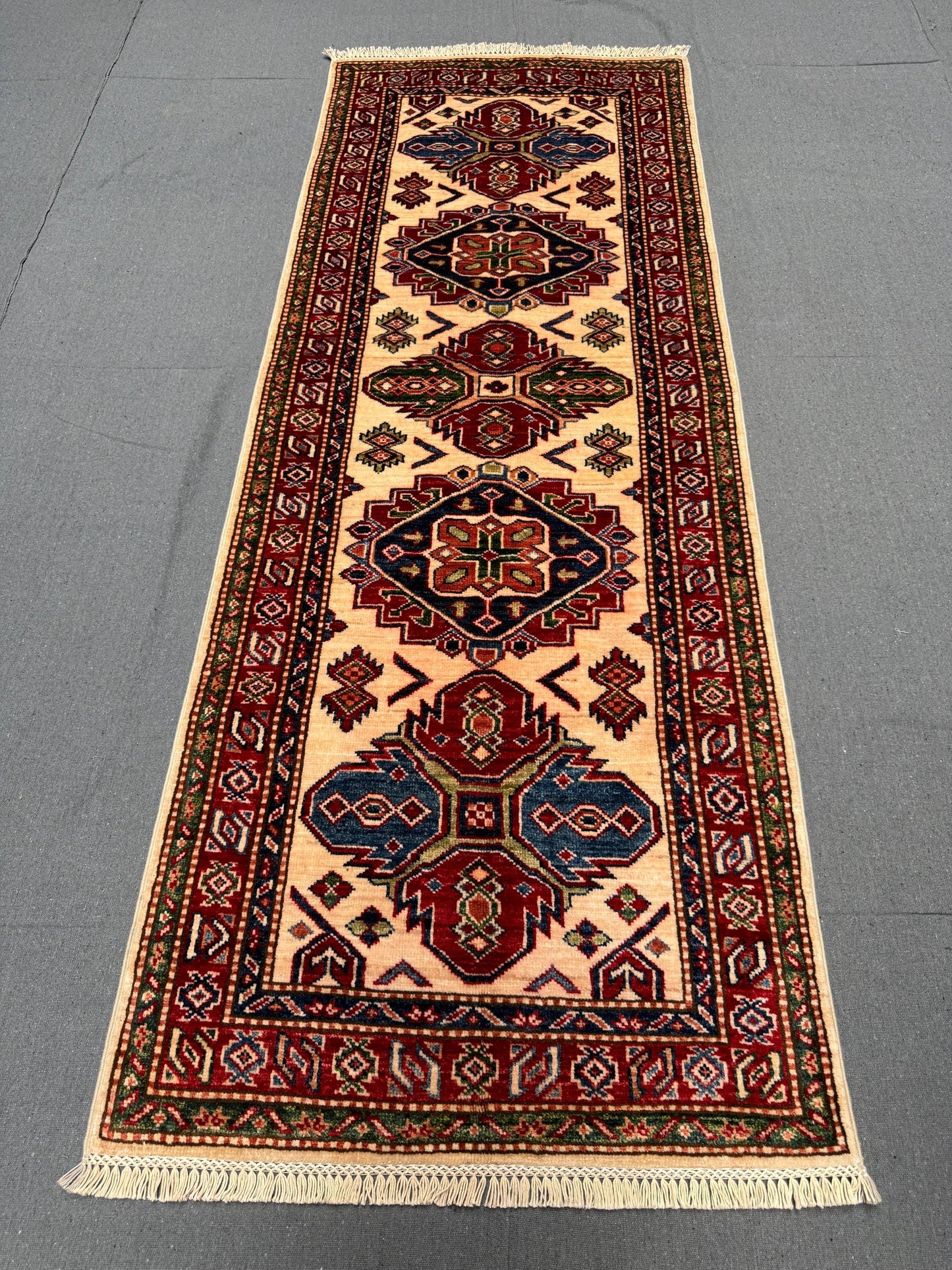 Turkish-Kazakh Handmade Beige Runner Rug-Tribal Wool runner for Hallways and Entryways,Bohemian Handmade Runner,Persian-Style Runner Rug.