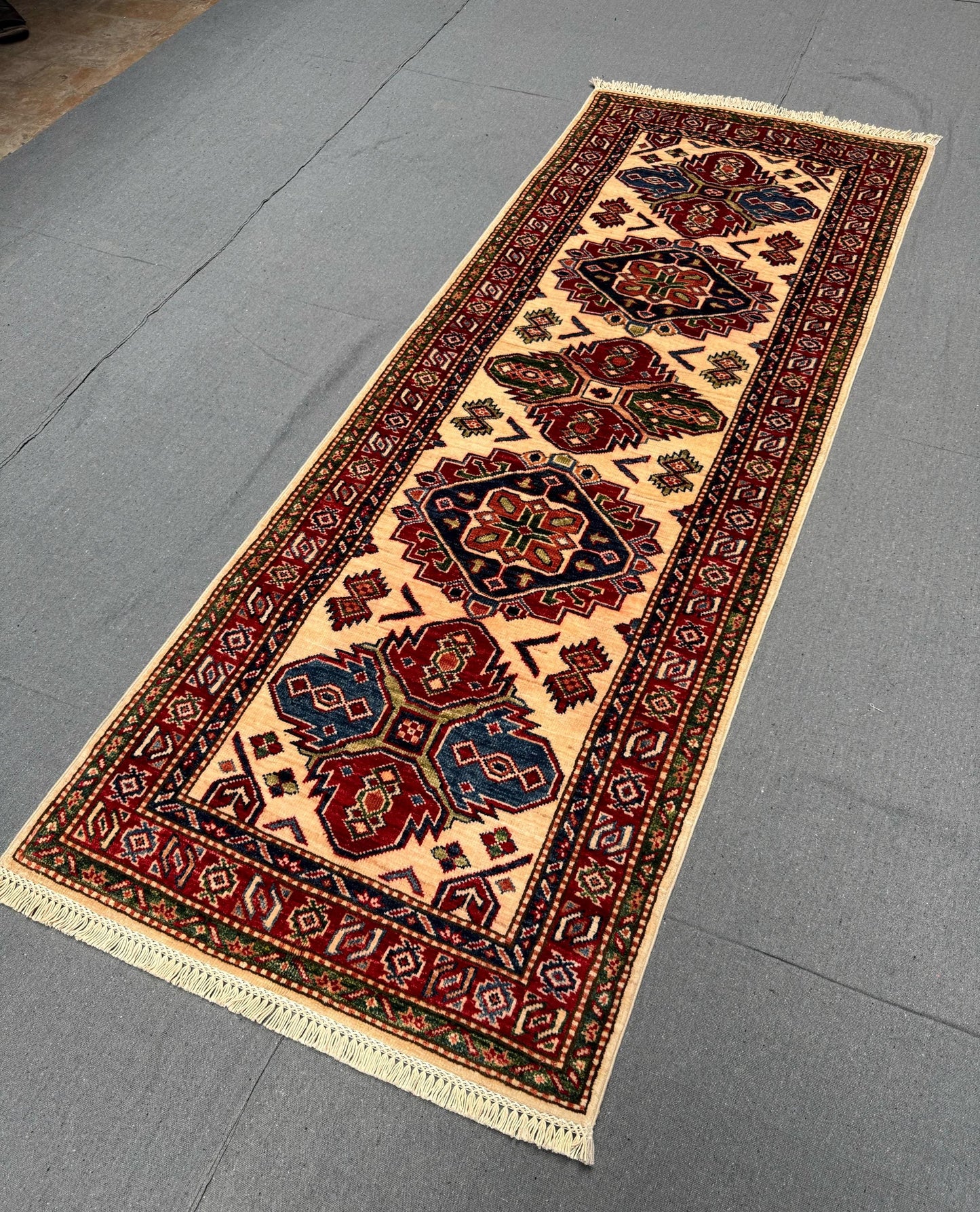 Turkish-Kazakh Handmade Beige Runner Rug-Tribal Wool runner for Hallways and Entryways,Bohemian Handmade Runner,Persian-Style Runner Rug.