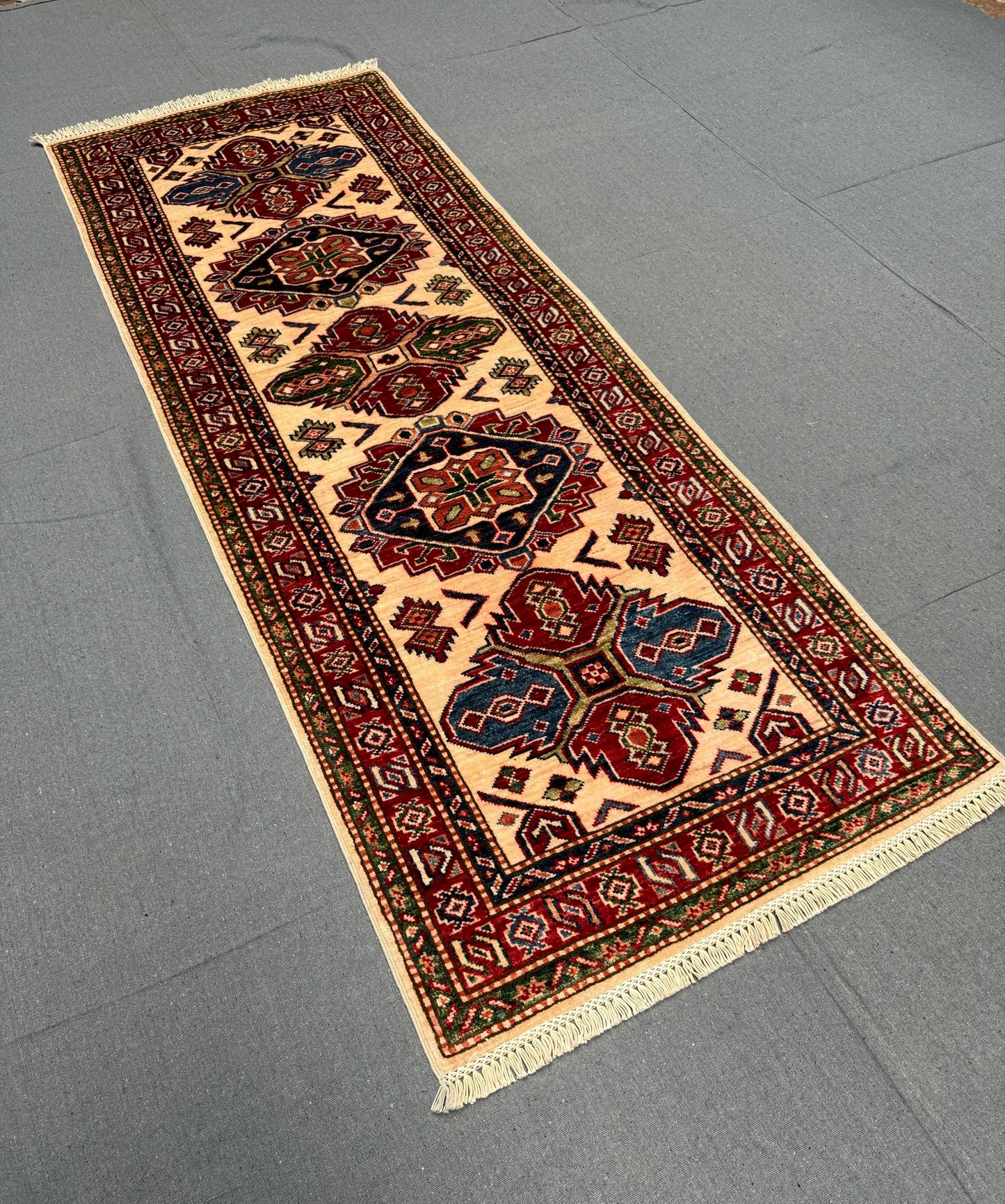 Turkish-Kazakh Handmade Beige Runner Rug-Tribal Wool runner for Hallways and Entryways,Bohemian Handmade Runner,Persian-Style Runner Rug.