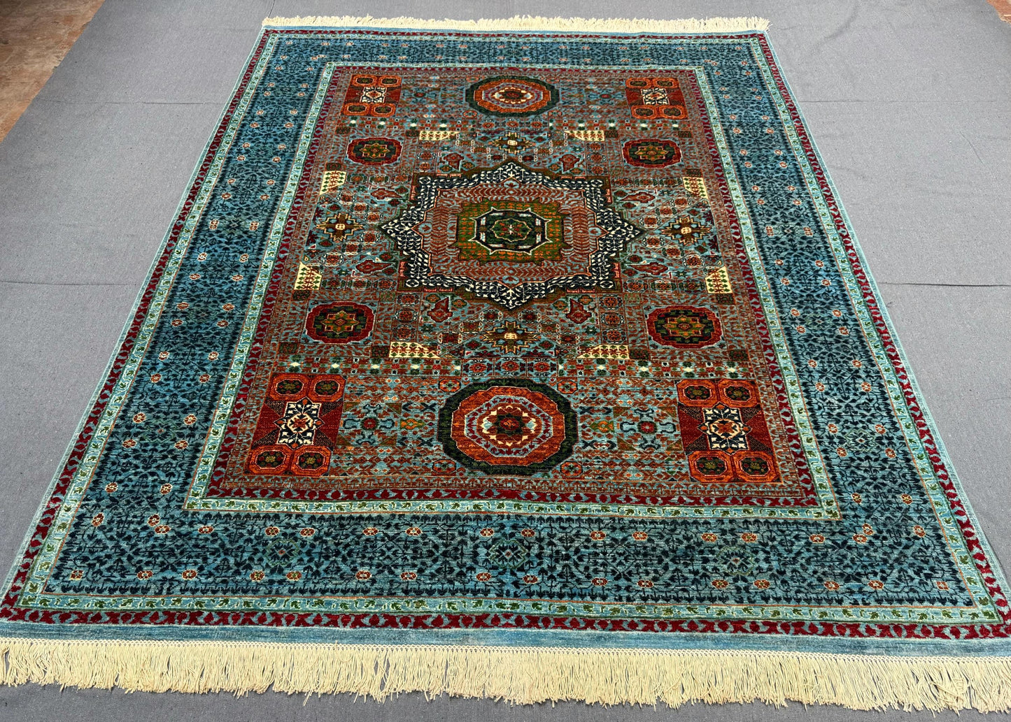 Handwoven Oriental Mamluk Rug - Vibrant Wool Carpet in Turquoise and Red,Authentic Handmade Oriental Rug,Oriental Rug for Luxury Home Decor