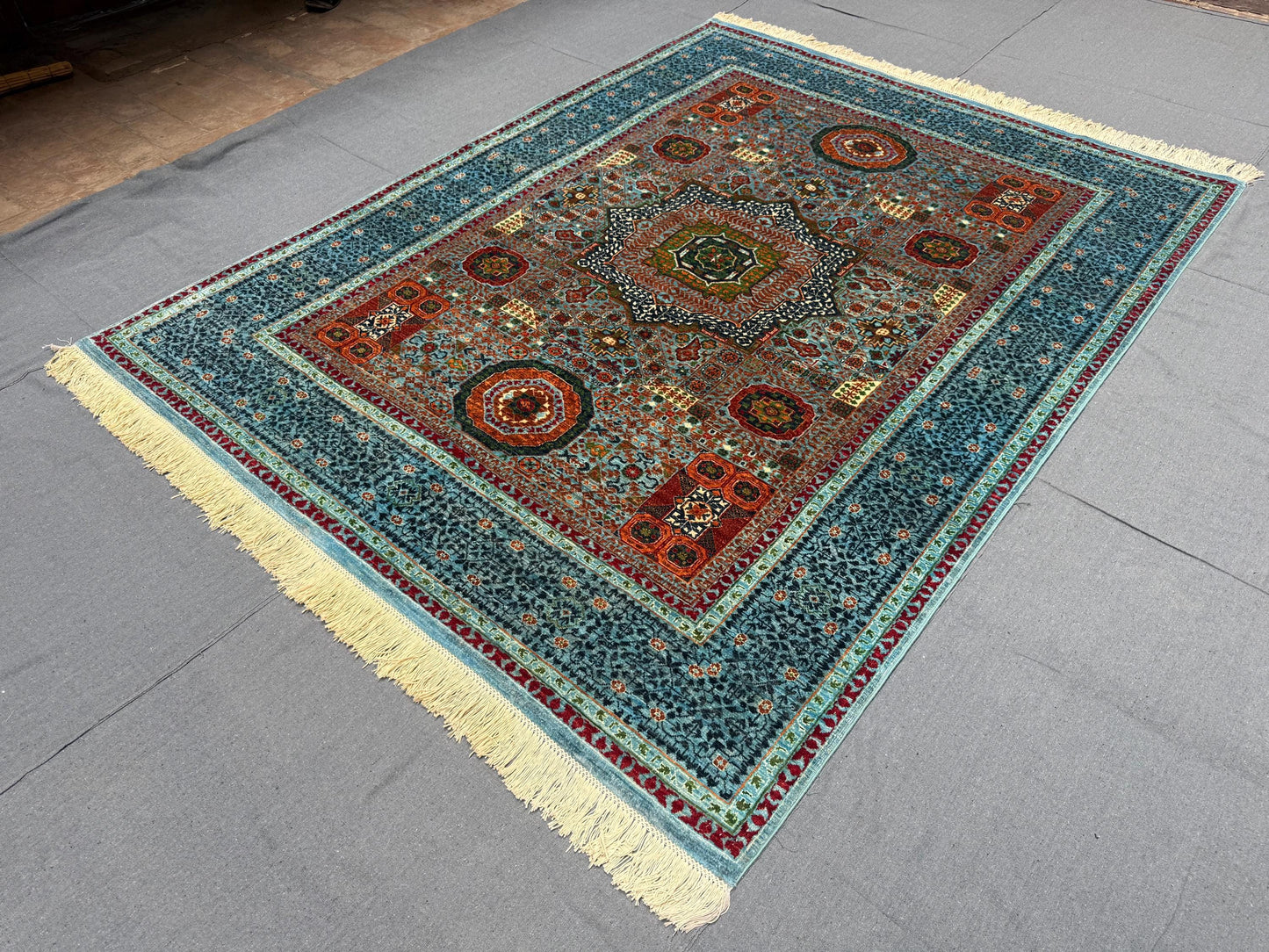 Handwoven Oriental Mamluk Rug - Vibrant Wool Carpet in Turquoise and Red,Authentic Handmade Oriental Rug,Oriental Rug for Luxury Home Decor