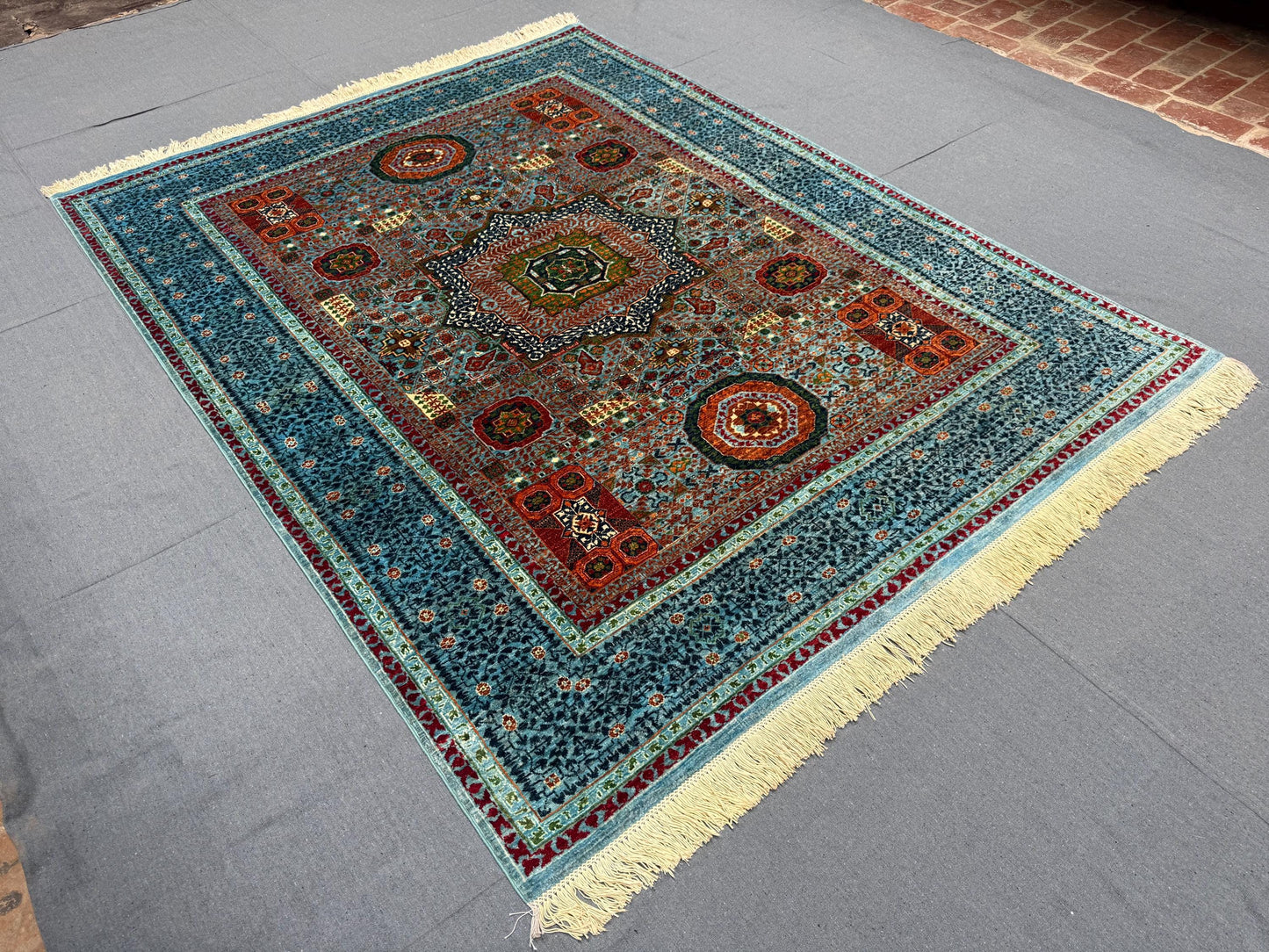 Handwoven Oriental Mamluk Rug - Vibrant Wool Carpet in Turquoise and Red,Authentic Handmade Oriental Rug,Oriental Rug for Luxury Home Decor