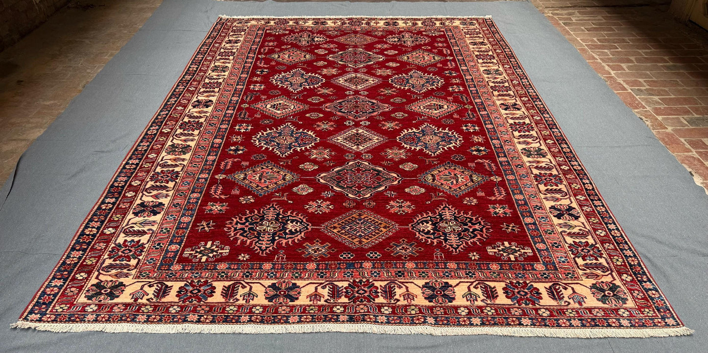 Handmade 8x11 Red Oriental Rug,Turkish-Kazakh Red living room rug,8x11 Handmade Red Persian-Style Rug-Perfect for Living Room or Bedroom