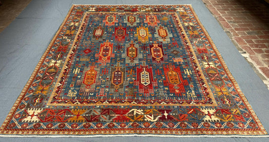 Large Handmade Blue Waziri Rug,Handmade Blue and Red Tribal Rug,Colorful Tribal Handmade Rug,One-of-a-Kind Handmade Rug,Turkish Oriental rug