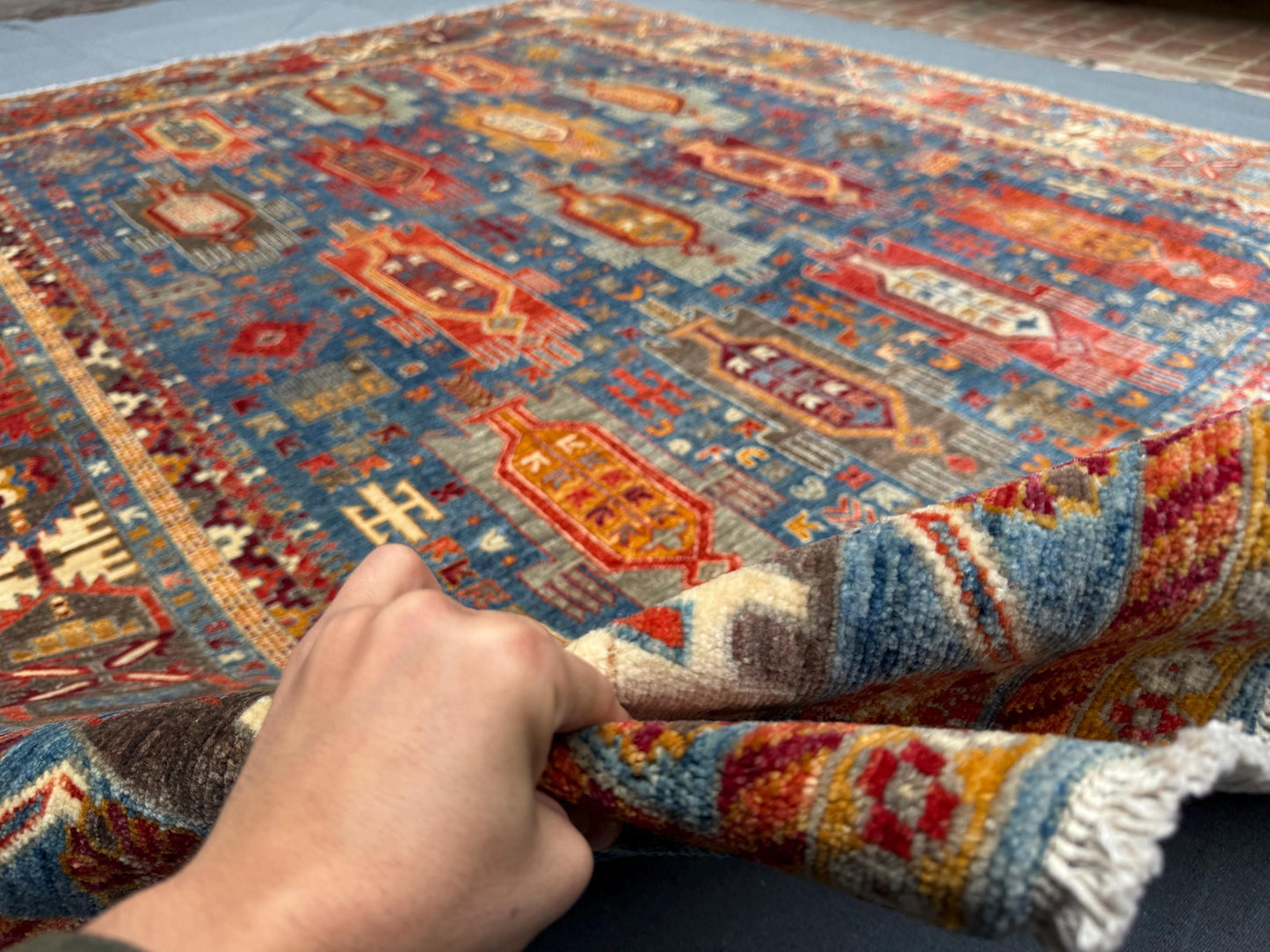 Large Handmade Blue Waziri Rug,Handmade Blue and Red Tribal Rug,Colorful Tribal Handmade Rug,One-of-a-Kind Handmade Rug,Turkish Oriental rug