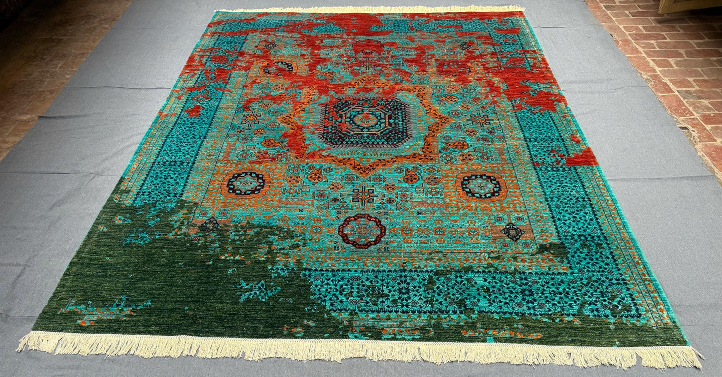 Modern Artisan 8x10 Mamluk Rug,Turquoise and Orange Handmade Mamluk Rug,Stunning Multicolor Oriental Design,One-of-a-Kind 8x10 Mamluk Rug