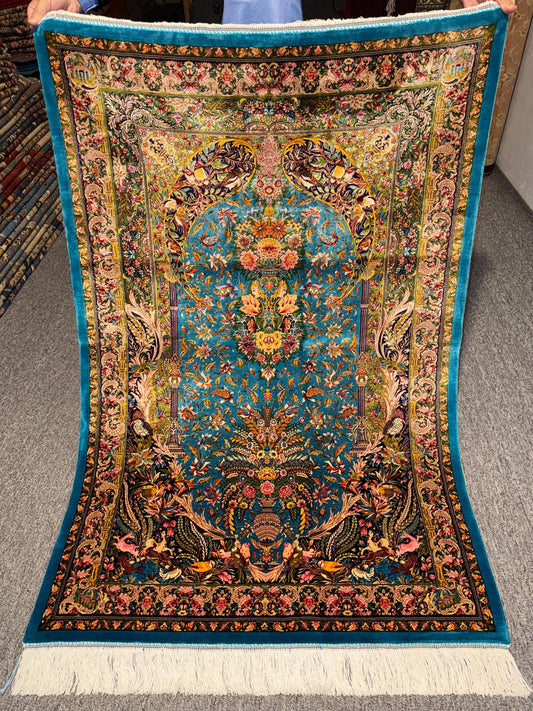 Blue Persian Silk Rug–Ornate Floral and Bird Design,Luxury Silk Area Rug,Luxury Oriental Silk Rug,Vintage Silk Rug with Persian Motifs,