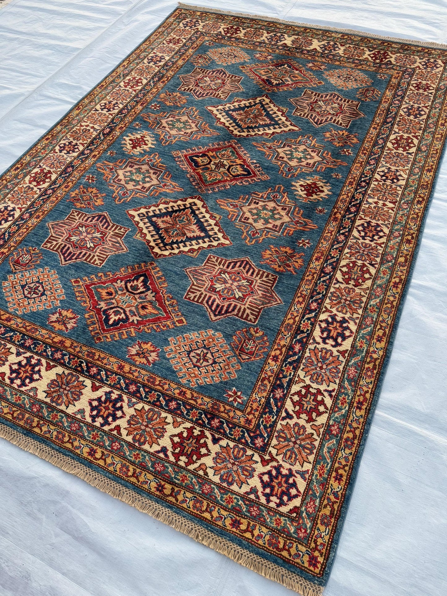 5x7 Bohemian Blue and Red Geometric Rug,Handmade Afghan-Kazakh Oriental Rug,Vintage Persian-style rug,Turkman tribal area rug,Turkish rug.