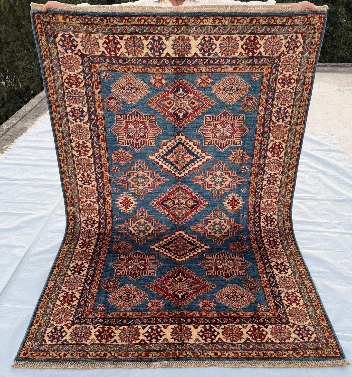 5x7 Bohemian Blue and Red Geometric Rug,Handmade Afghan-Kazakh Oriental Rug,Vintage Persian-style rug,Turkman tribal area rug,Turkish rug.