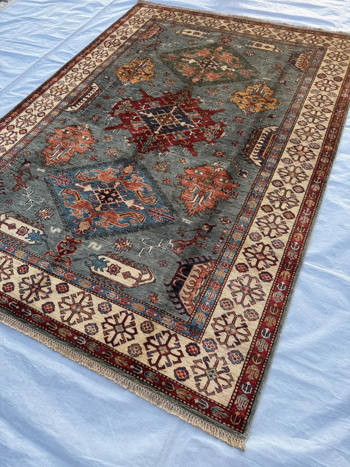 5x8 Authentic Turkish Handmade Rug,Blue and Red Oriental Carpet for Boho Home Decor,Unique Turkish Rug,Handmade One-of-a-kind Afghan Rug.