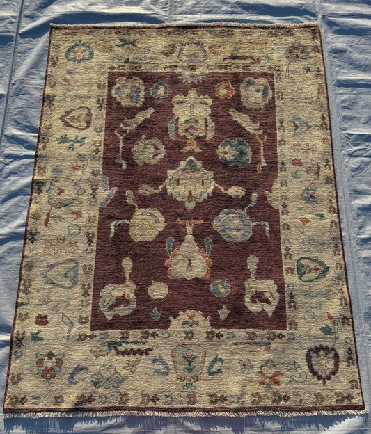 5x7 Traditional Turkish Oushak Rug,Hand-Knotted Oriental Rug,One-of-a-Kind Handwoven Turkish Rug,Large Beige and Brown Oriental Wool Carpet.