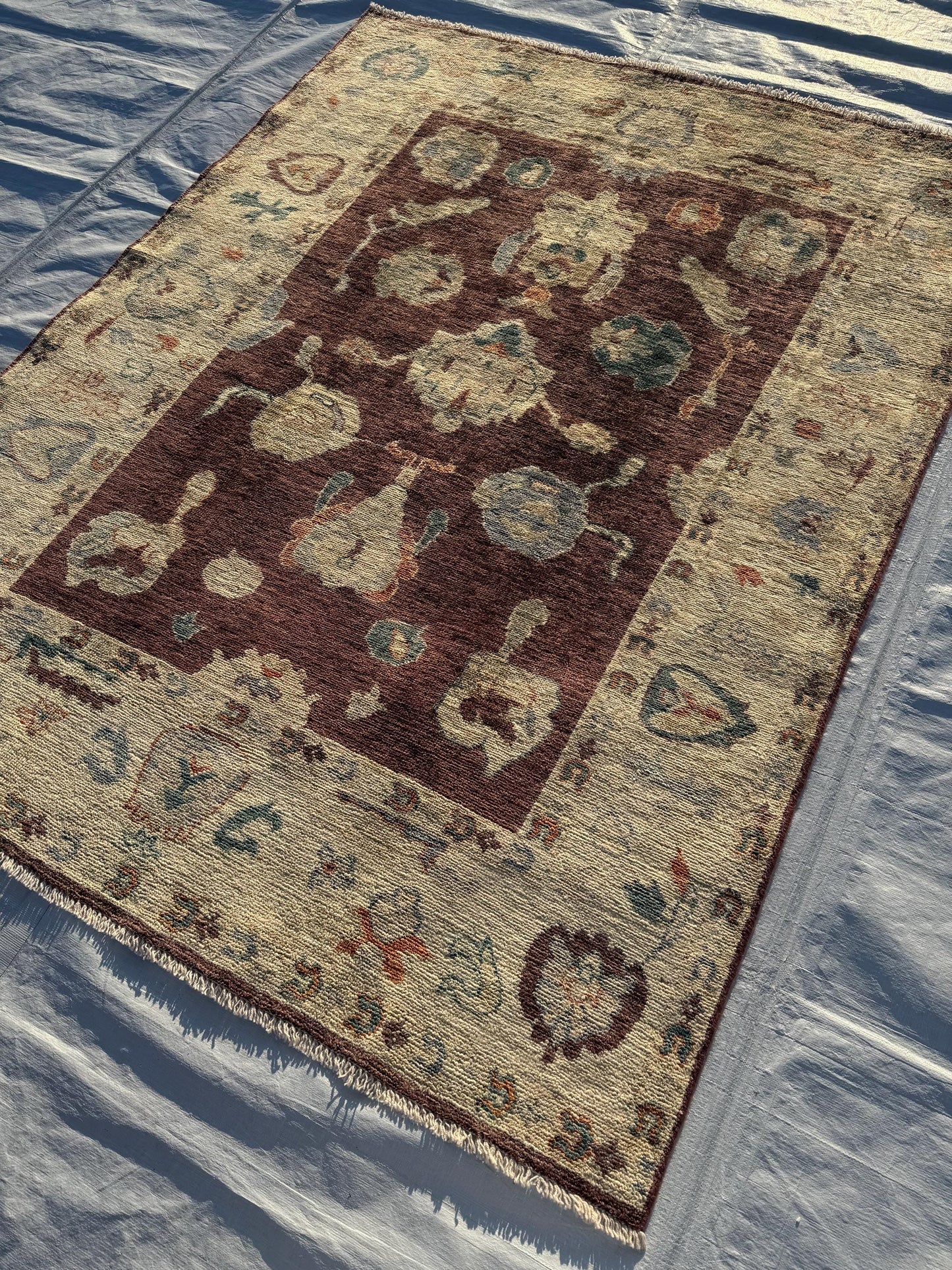 5x7 Traditional Turkish Oushak Rug,Hand-Knotted Oriental Rug,One-of-a-Kind Handwoven Turkish Rug,Large Beige and Brown Oriental Wool Carpet.